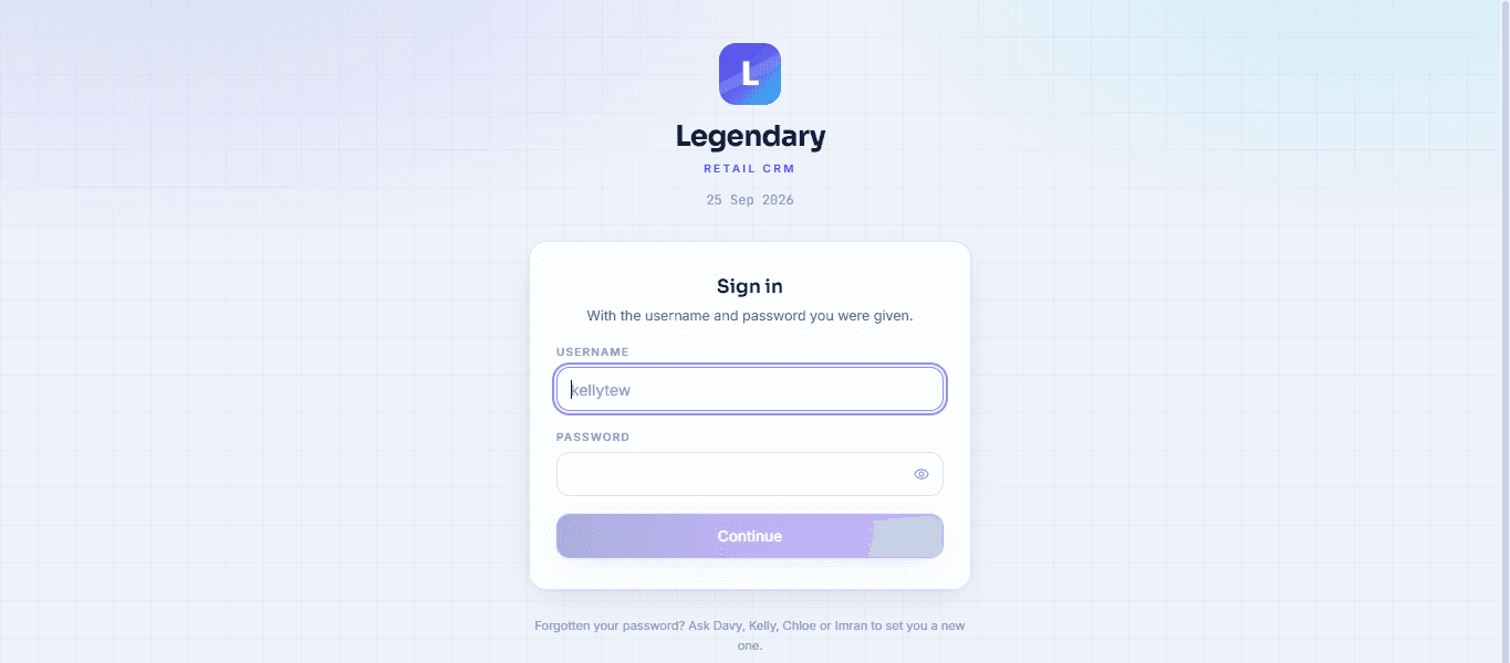 Sign in — Legendary Retail CRM, built by Imsuya Global